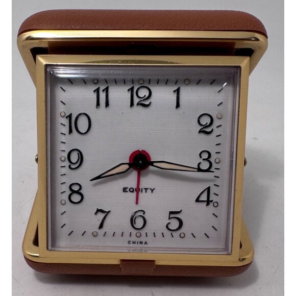 Vintage Equity Travel Alarm Clock Gold-Tone Case Brown Faux Leather Cover Fold U - Picture 1 of 9